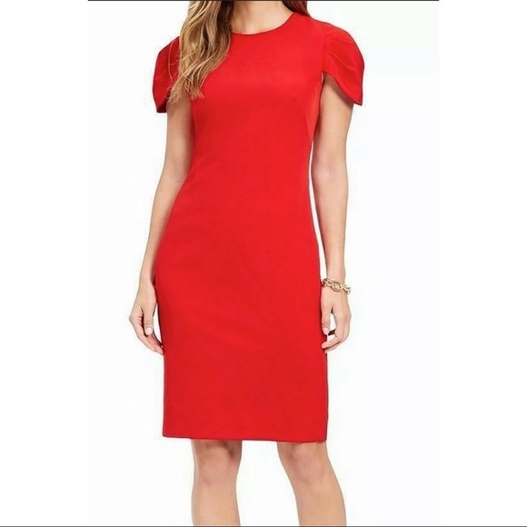 [Vince Camuto] Pleat Cap Sleeve Crepe Sheath Dress - Picture 3 of 12